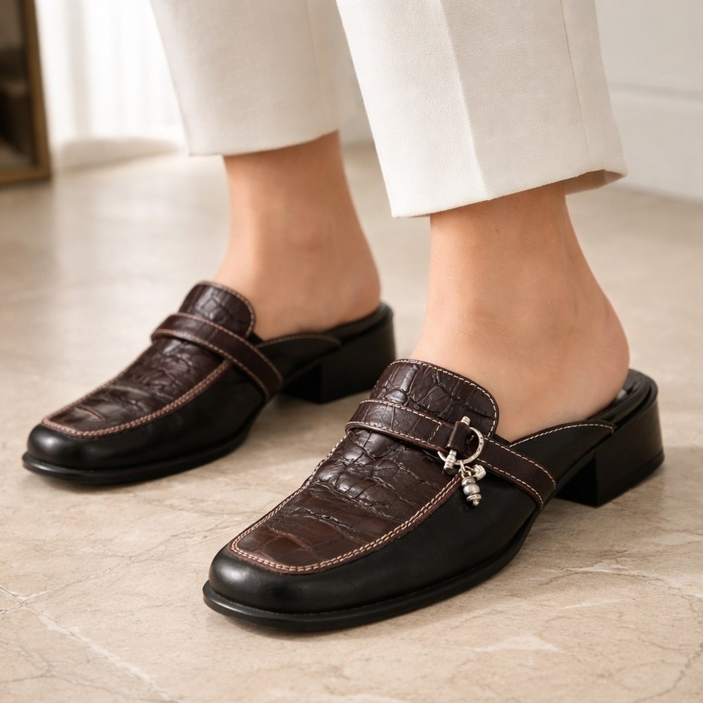Brighton Jordan Mule Clogs 8.5 M Black Brown‎ Croc Embossed Leather Italy Y2K